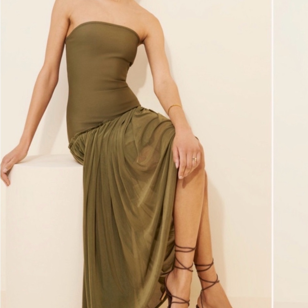 Rare London Olive Green Strapless Maxi Dress